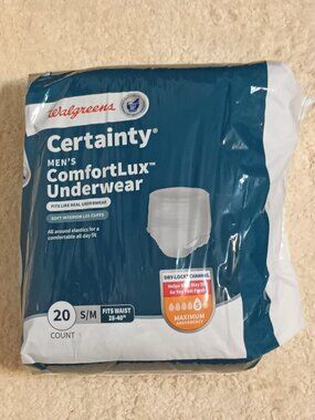 NWT ~ Walgreens' Certainty Men's ComfortLux Underwear Small/Medium, 20 ct. pkg.